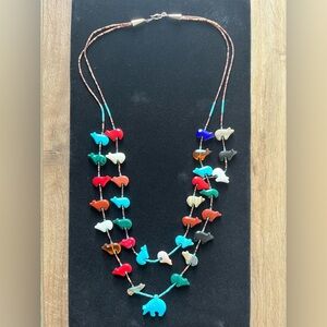 Multicolor Shaped Earth Stones Double Stranded Beaded Handmade Fetish Necklace